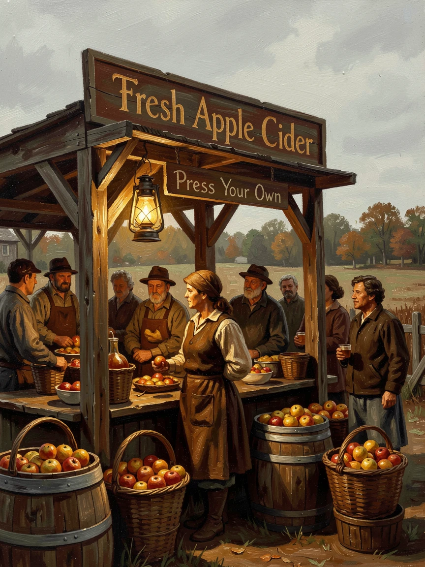 A cozy autumn apple cider stand at a rustic countryside farm, with warm, inviting light glowing throughout the scene, radiating comfort, celebration, and heartfelt togetherness