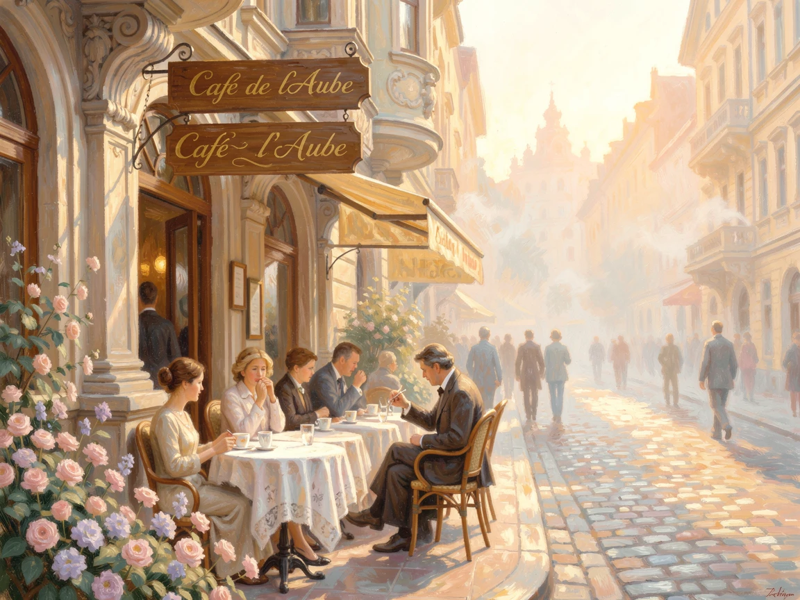 A bustling café terrace in Vienna, elegant patrons enjoying coffee beneath ornate Baroque architecture, at golden sunrise.