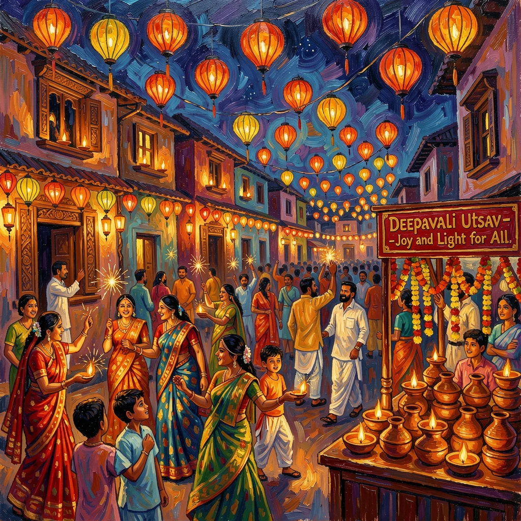 A Diwali celebration lighting up an Indian village with thousands of glowing lanterns.