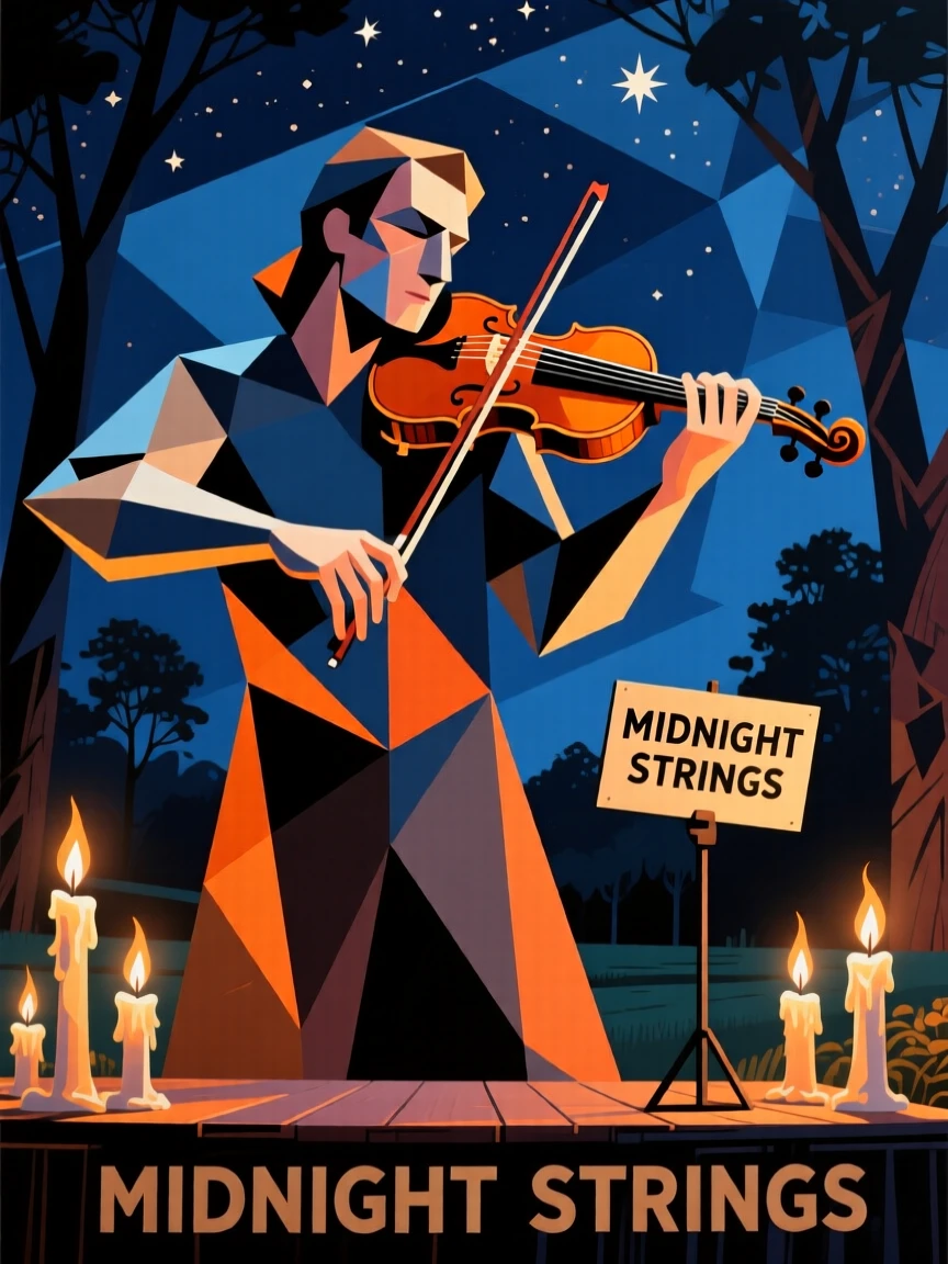 A violinist performing passionately on a candlelit outdoor stage at night.