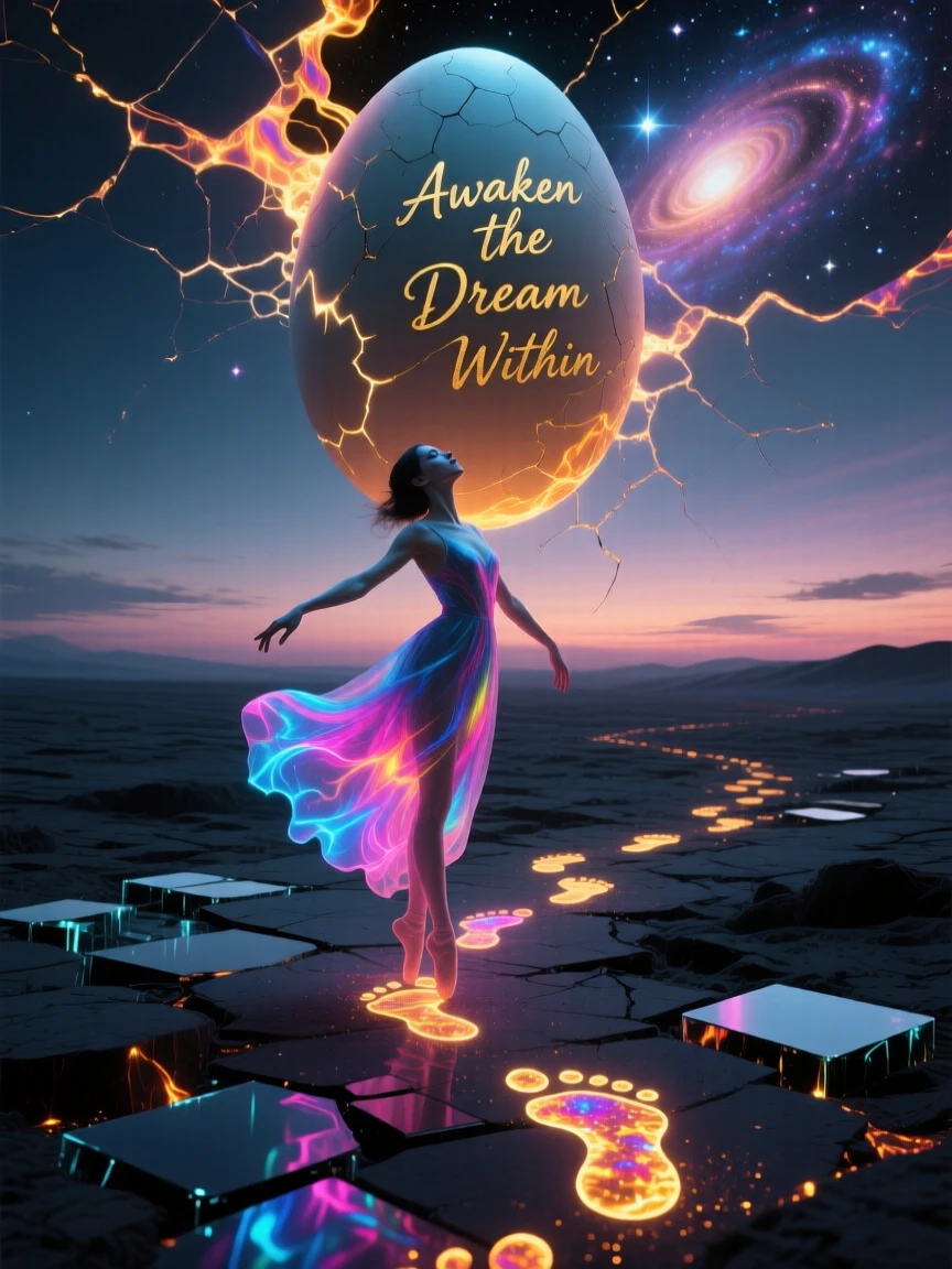 A dancer whose feet leave trails of glowing footprints gazes upward at a sky splitting open like an eggshell, as light spills from the seams of their clothing.