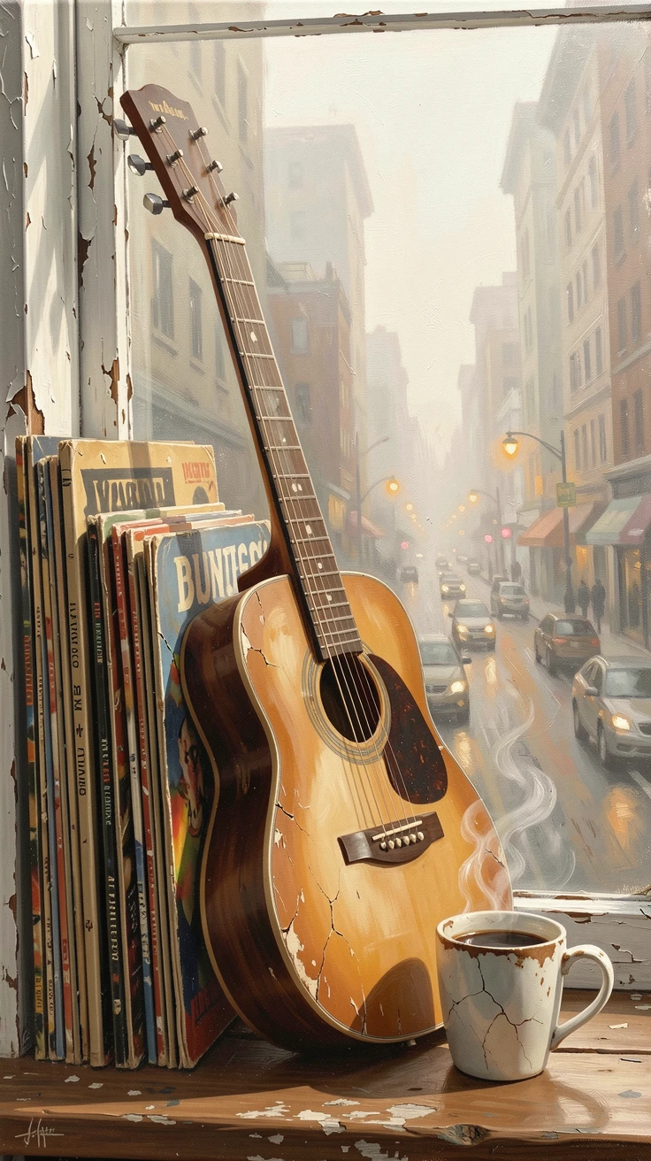 A weathered guitar leans against a stack of vinyl records beside a cup of coffee on a windowsill overlooking a city street, the air carrying a faint mist that softens distant shapes without obscuring the overall view.