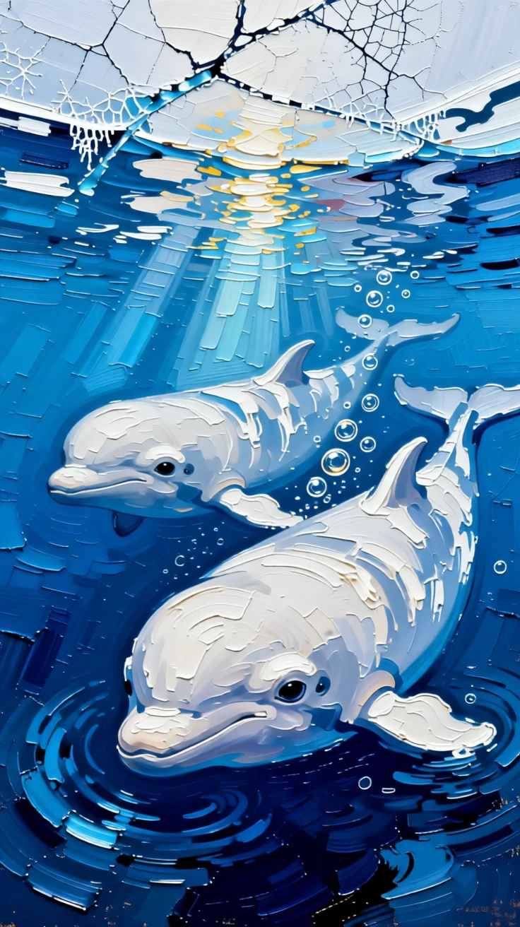 A pod of beluga whales swimming beneath a thin sheet of arctic sea ice