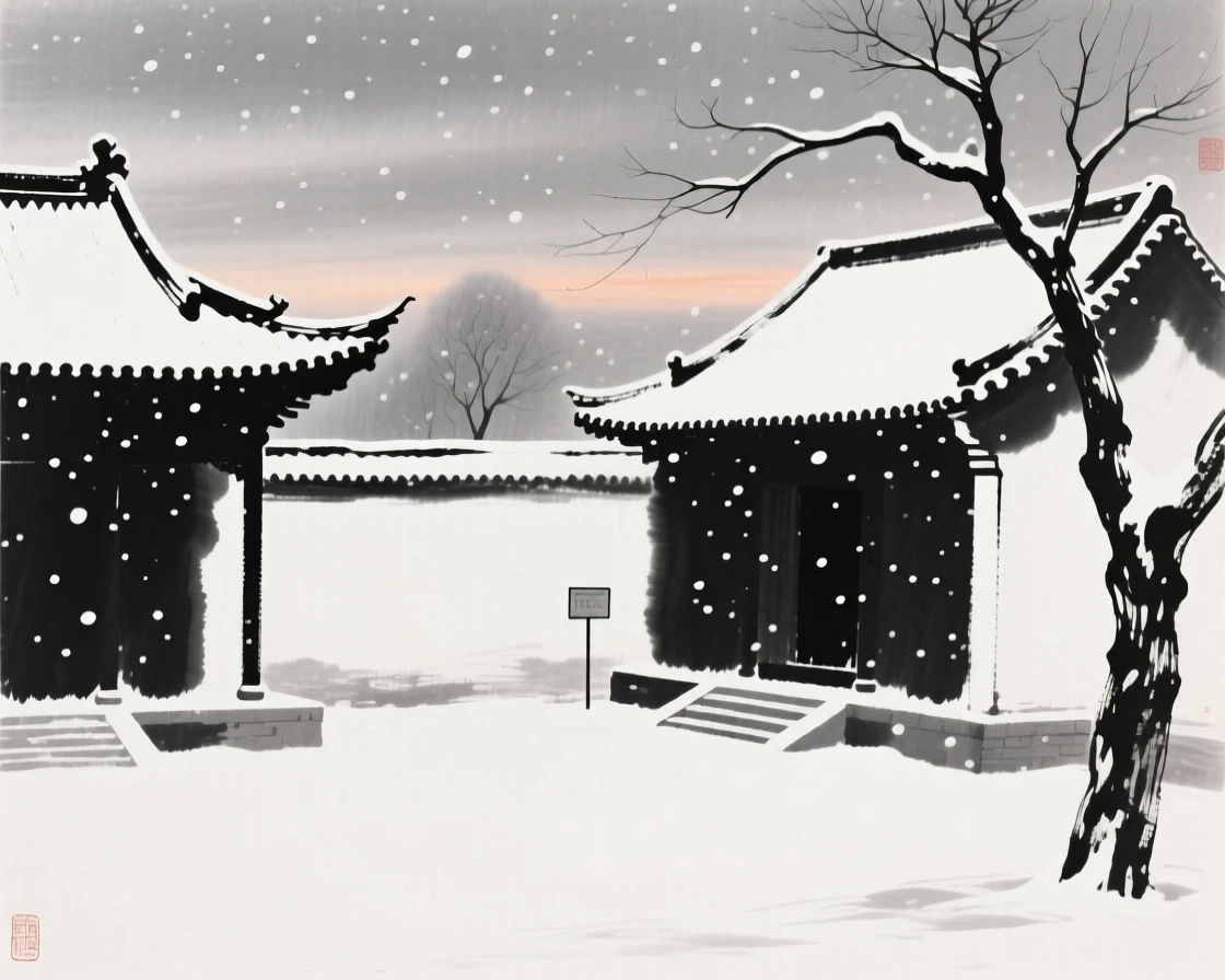 Snow falls silently over a quiet temple courtyard at dusk, beneath a pale winter sky heavy with more snow to come.