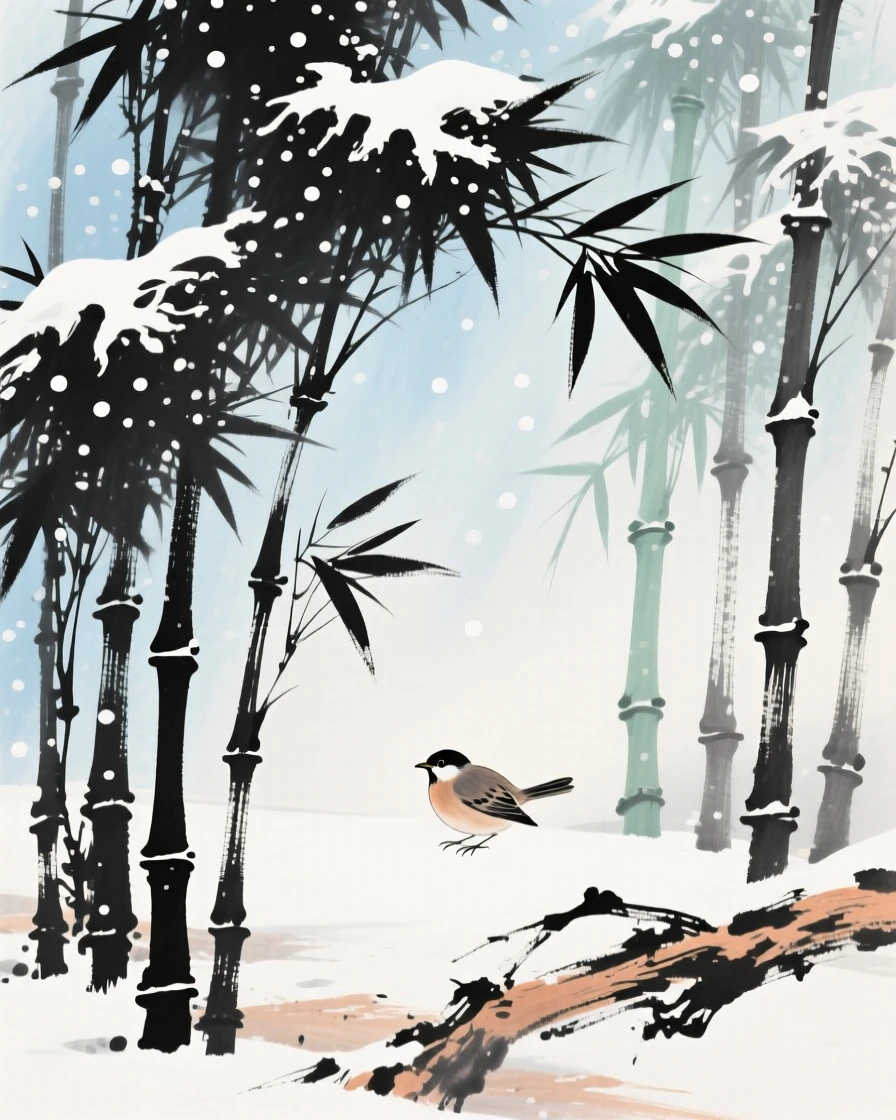 Bamboo swaying gently with a small bird sheltering among the leaves, under the first snow of winter.