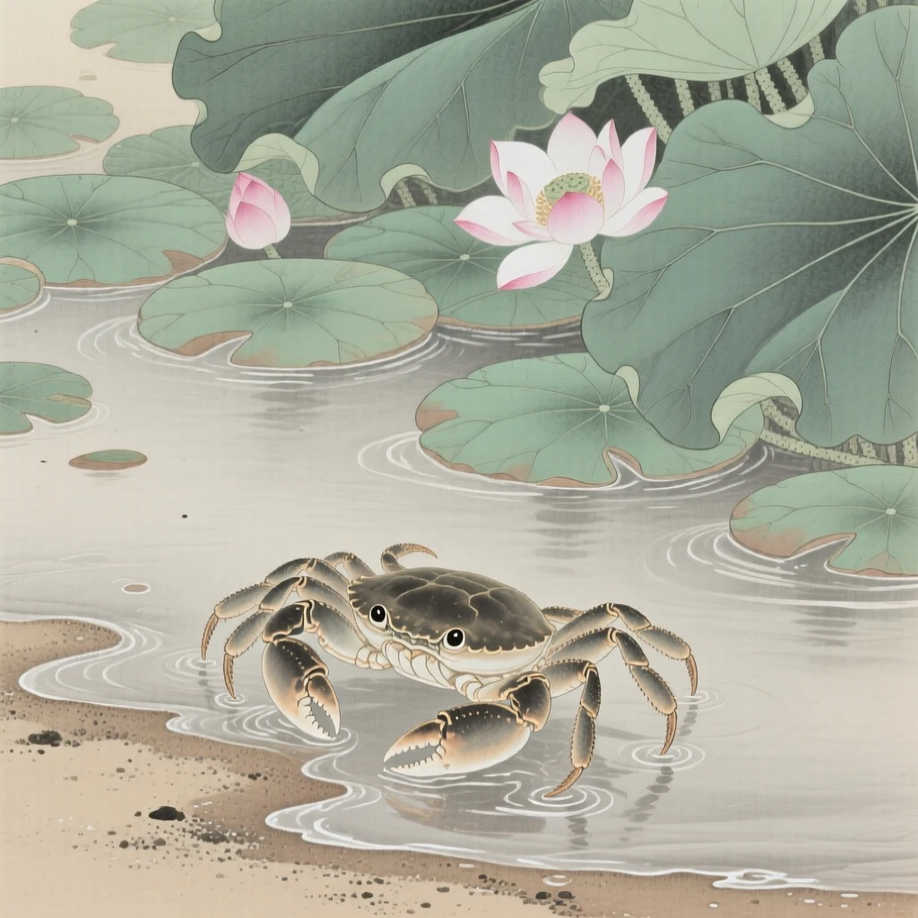 A crab scuttling across wet sand beneath a canopy of floating lotus leaves