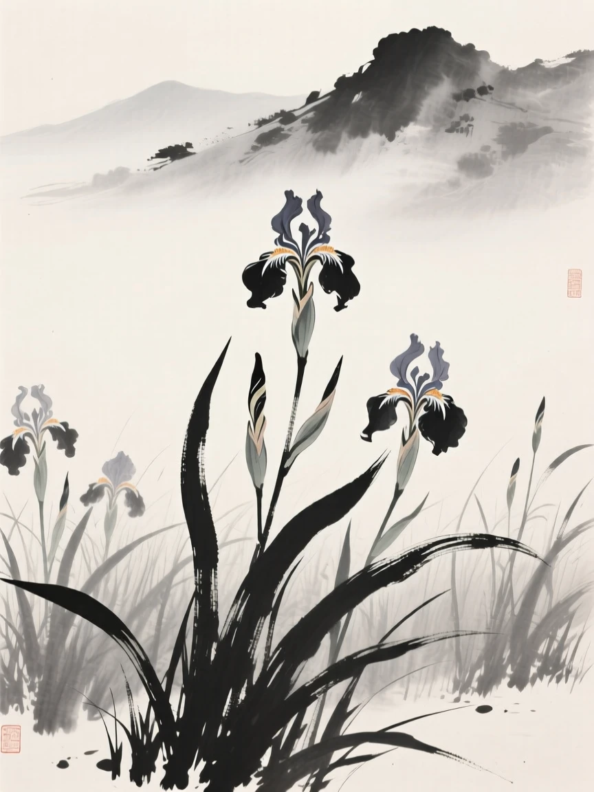 A field of wild irises framed by distant, hazy mountains, seen from a low angle looking upward, capturing a delicate, transient moment in bloom.