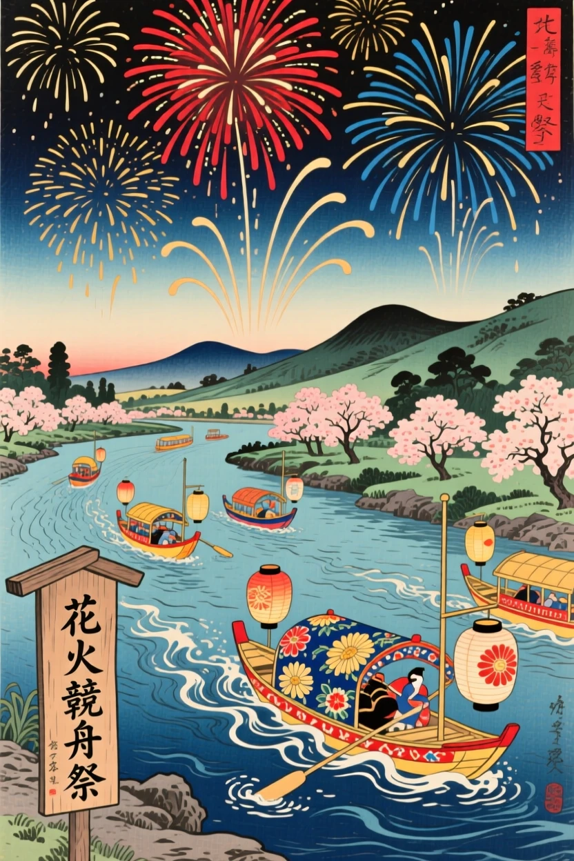 A fireworks display racing brightly decorated boats down a river.