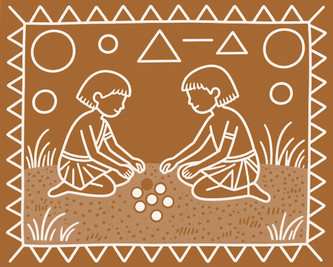 Two young siblings playing marbles in the dust.