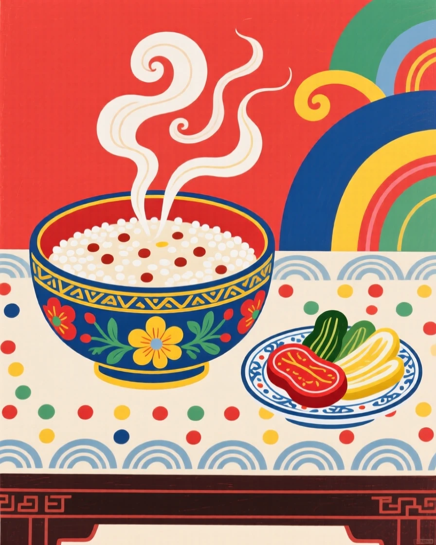 A steaming bowl of rice porridge beside a small dish of pickled vegetables.
