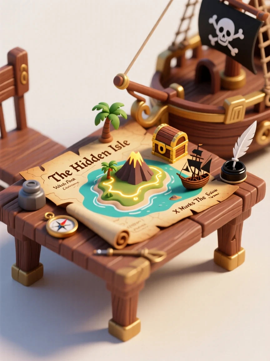 A treasure map coming to life on a pirate ship's table, glowing ink revealing a hidden island beyond the horizon.