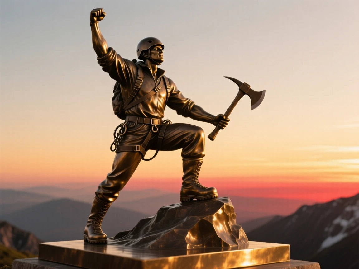 A mountaineer reaching the summit at dawn, silhouetted against a glowing horizon, forming a strong central focal point
