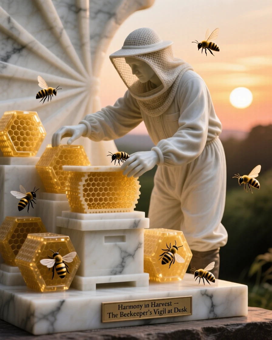 A vivid, emotionally rich scene of a beekeeper tending golden hives at sunset, captured with cinematic depth and detail, designed to captivate and inspire