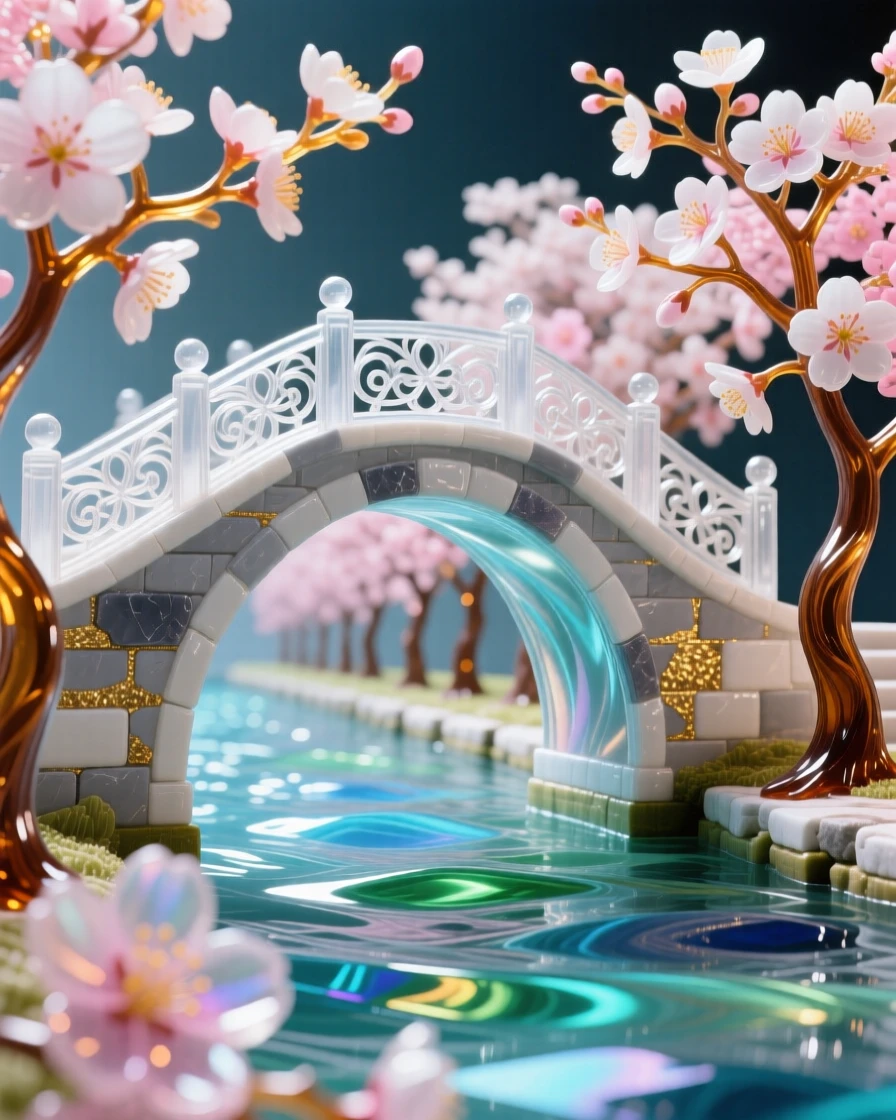 A grand old stone bridge arching over a river lined with blossoming cherry trees, romantic and timeless.