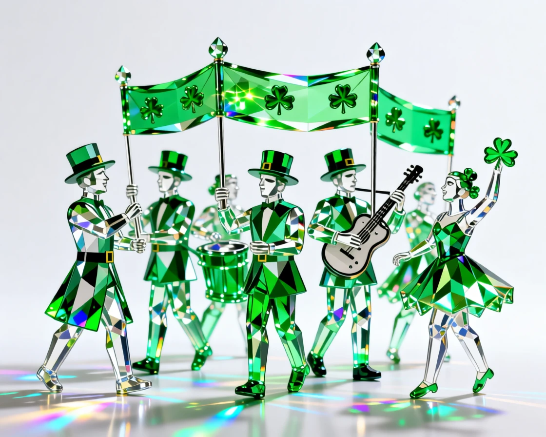 A vibrant St. Patrick's Day parade with green decorations and clover motifs.