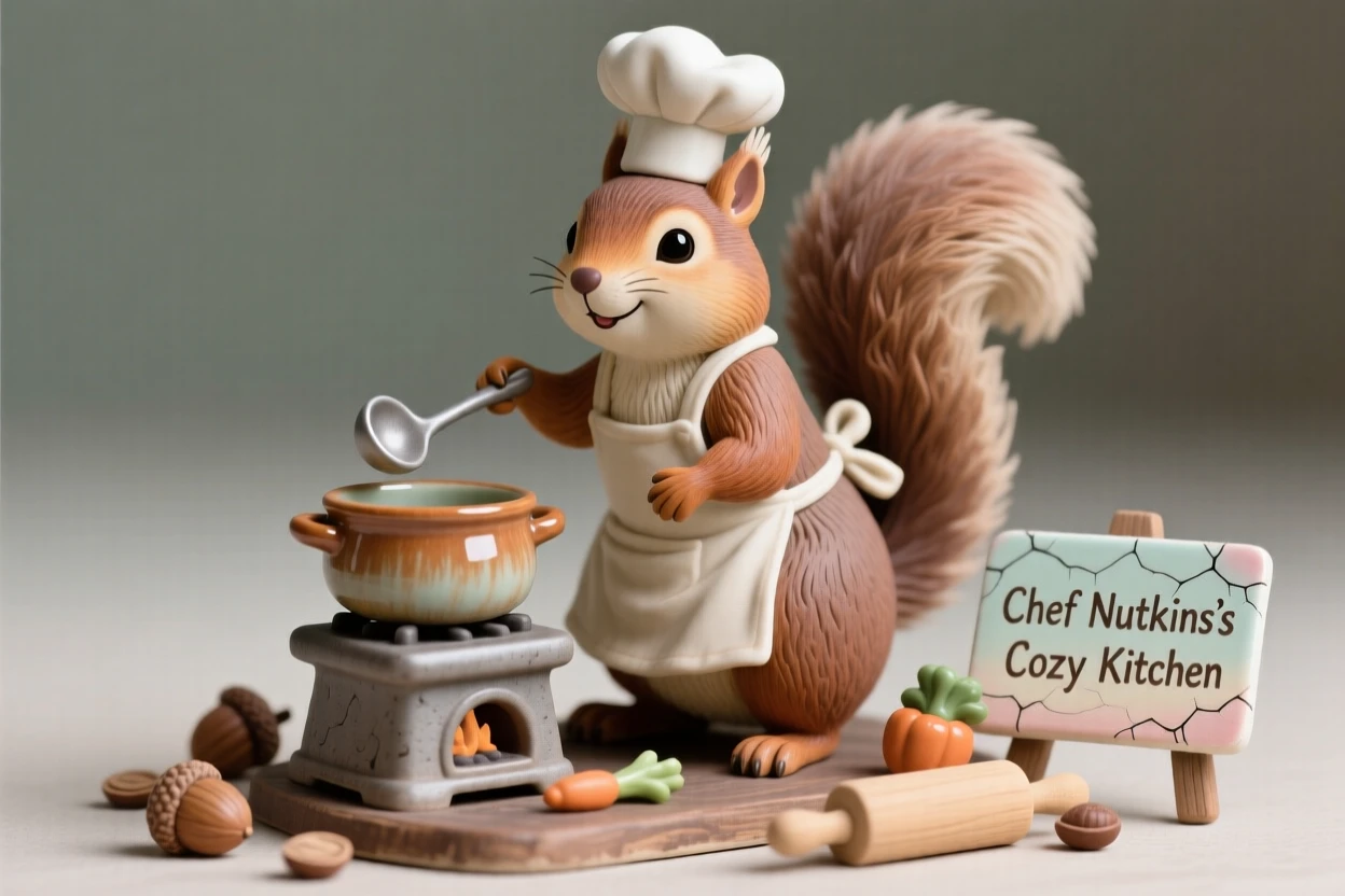 A squirrel chef stirring a tiny pot gathered together in a heartwarming tableau, dotted with small whimsical touches throughout, stirring nostalgic delight and warm laughter.