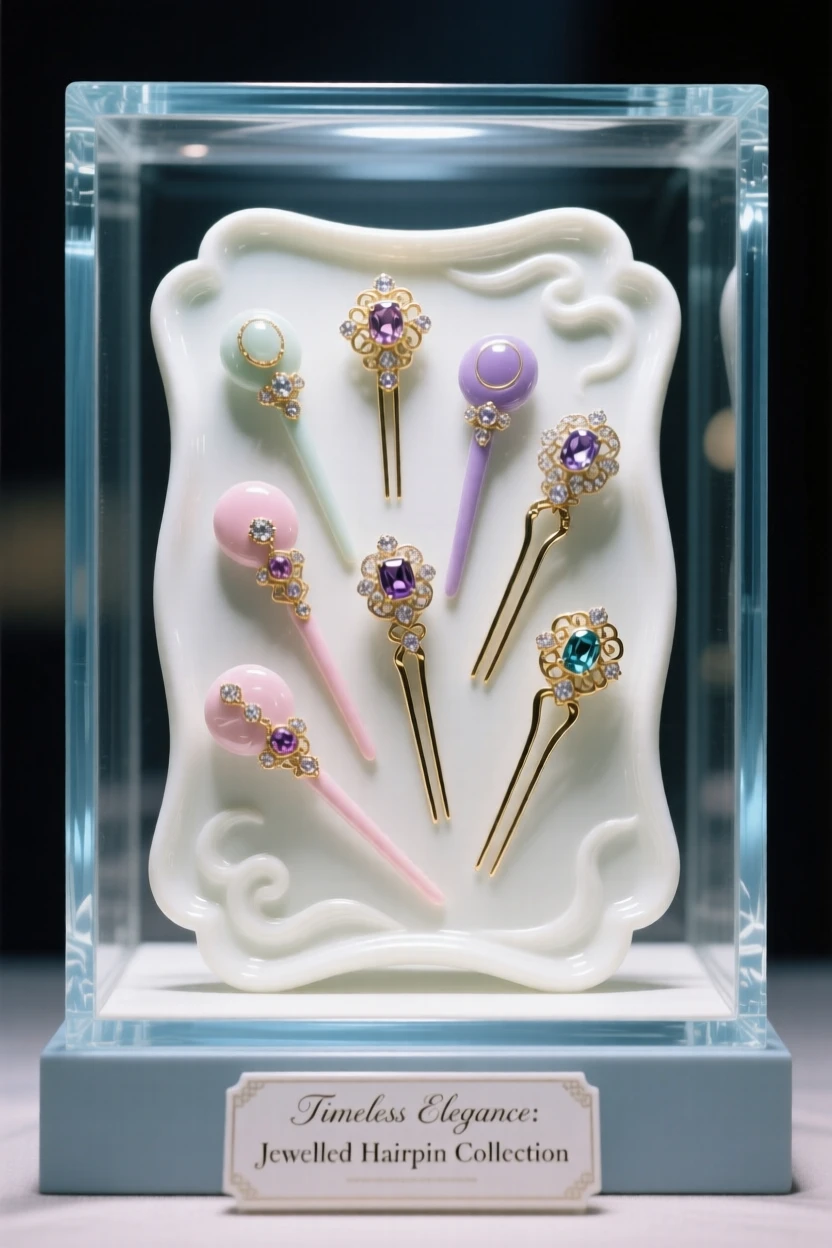 A collection of jeweled hairpins arranged in a glass display case, softly lit to highlight fine detail.