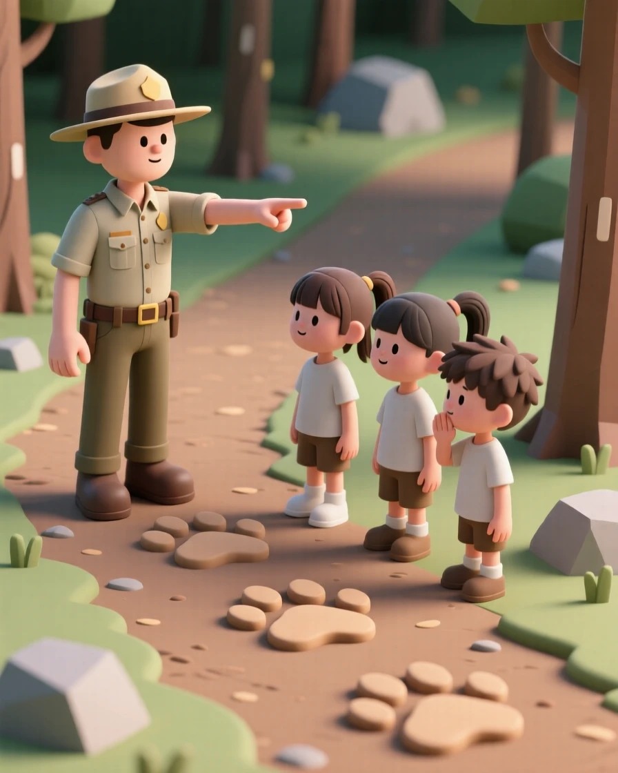 A determined park ranger points out animal tracks to a group of curious children on a forest trail.
