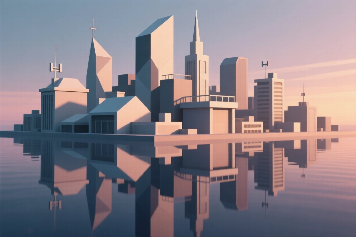 A futuristic skyline glowing at twilight, reflected perfectly in calm water. the composition highlights layered rooftops and textures. A gentle, welcoming warmth fills the air.