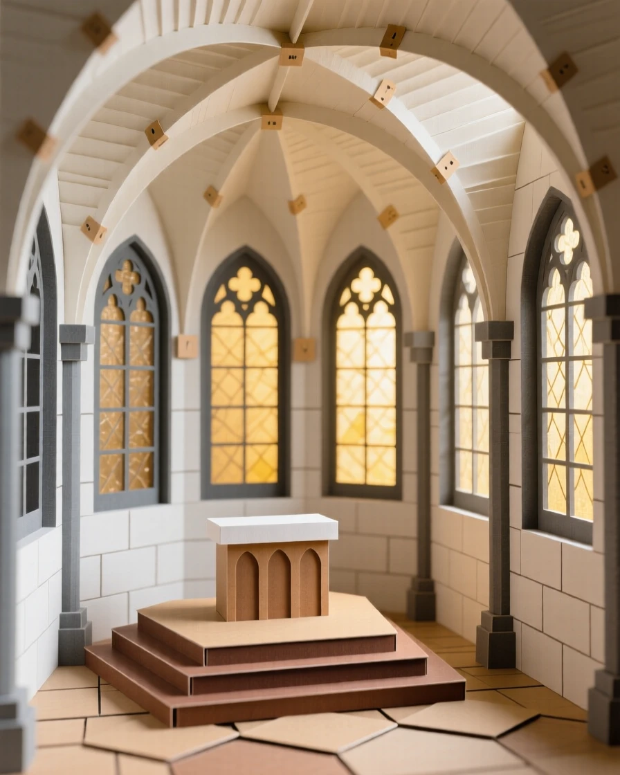 A soaring gothic cathedral interior bathed in golden late-afternoon light, with tall arched windows framing the view, evoking quiet historic charm.