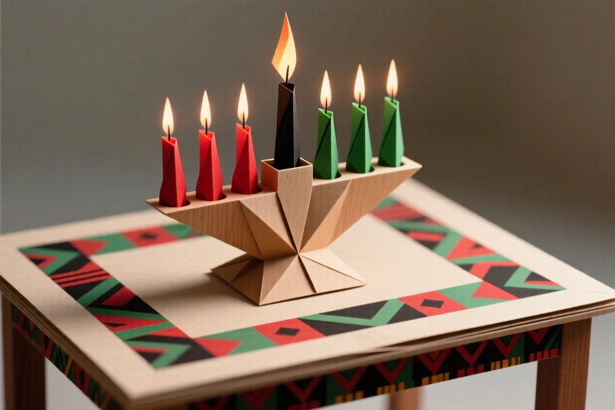 A Kwanzaa celebration scene with a kinara candle holder glowing on a decorated table.