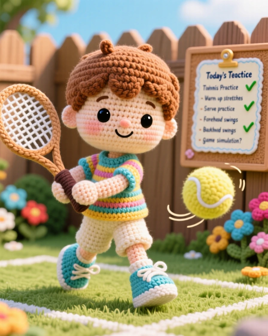 A cheerful scene of a small boy practicing tennis with a small racket, swinging confidently at an incoming ball within a sunny backyard on a warm afternoon; a cheerful checklist pinned to a board nearby, full of patient concentration and creative satisfaction.