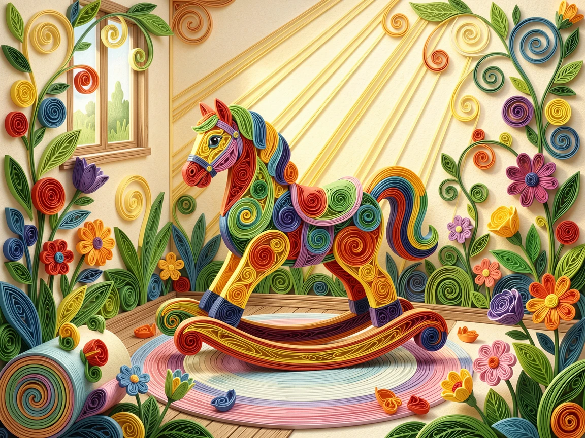 a rocking horse in a sunlit nursery corner, in an enchanted backyard garden, composed with playful, bouncy rounded shapes throughout, in a cheerful rainbow palette.