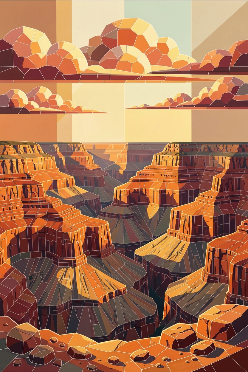 A wide panoramic view of a vast canyon with layered orange and red rock formations at golden hour, with dramatic clouds and rich natural color.