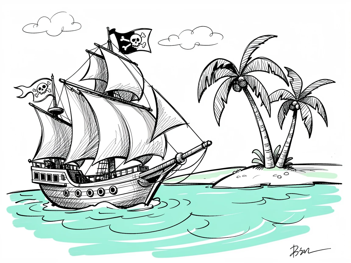 A pirate ship sailing past a tropical island overlooking a calm turquoise bay.