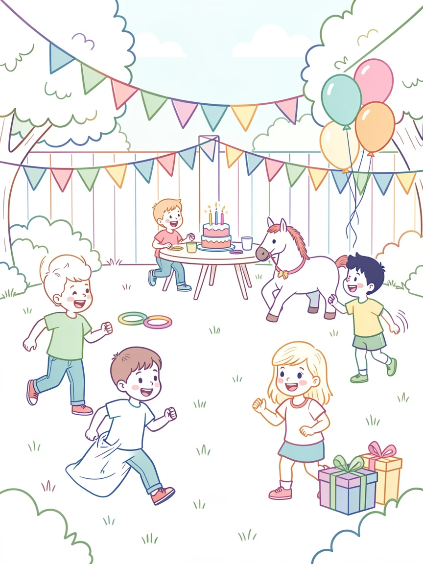 A birthday party scene with children playing games in a decorated backyard.