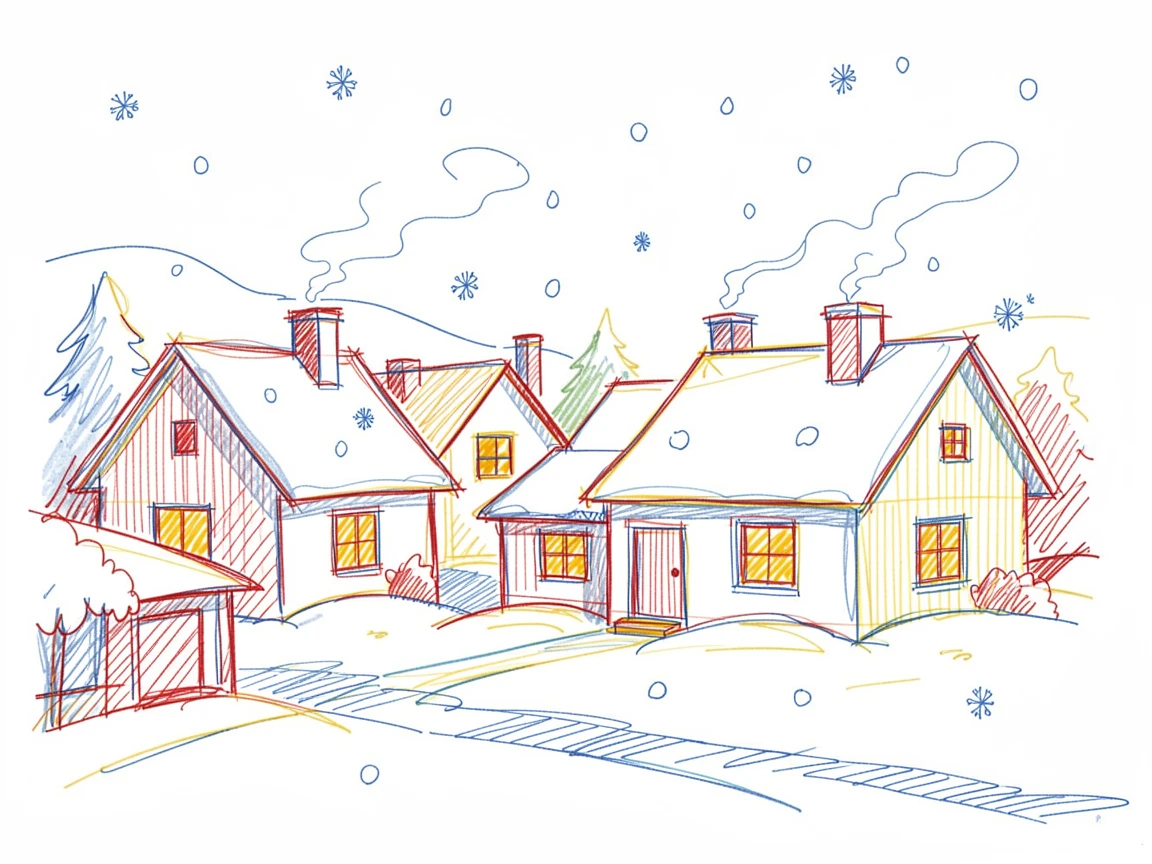 A quiet snowfall blanketing a small village at dusk, windows glowing warm