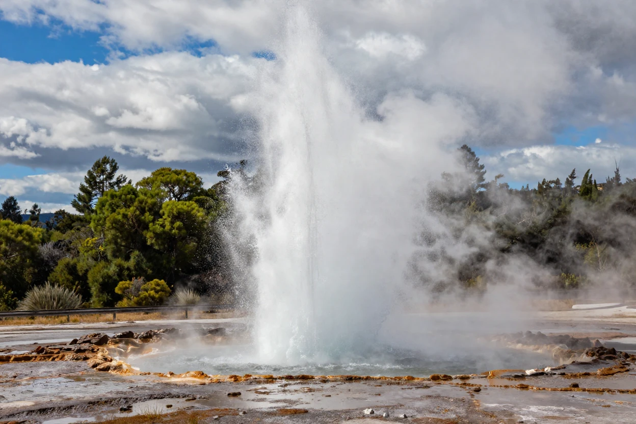 A Rotorua geothermal geyser erupting into the sky