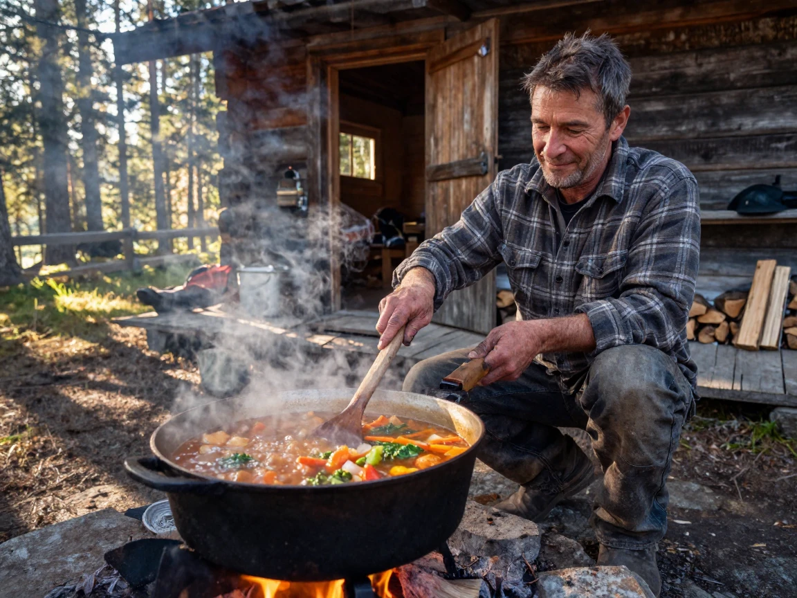 A cook stirs a bubbling pot of stew over an open fire at a rustic mountain cabin.