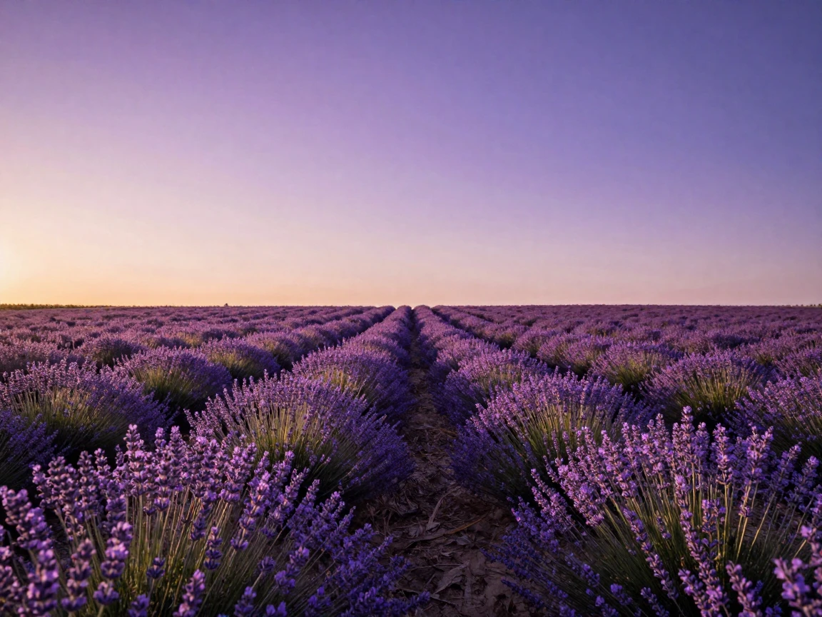 A field of lavender stretching to the horizon beneath a lilac summer sky