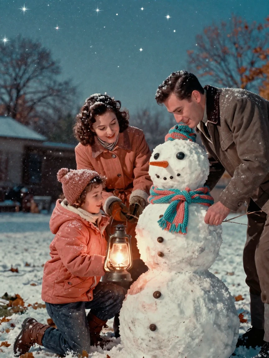 A family building a snowman together in a snow-covered yard, under a canopy of stars, with a soft breeze stirring the air, in late autumn, in vivid coral and turquoise hues, in a tight close-up.
