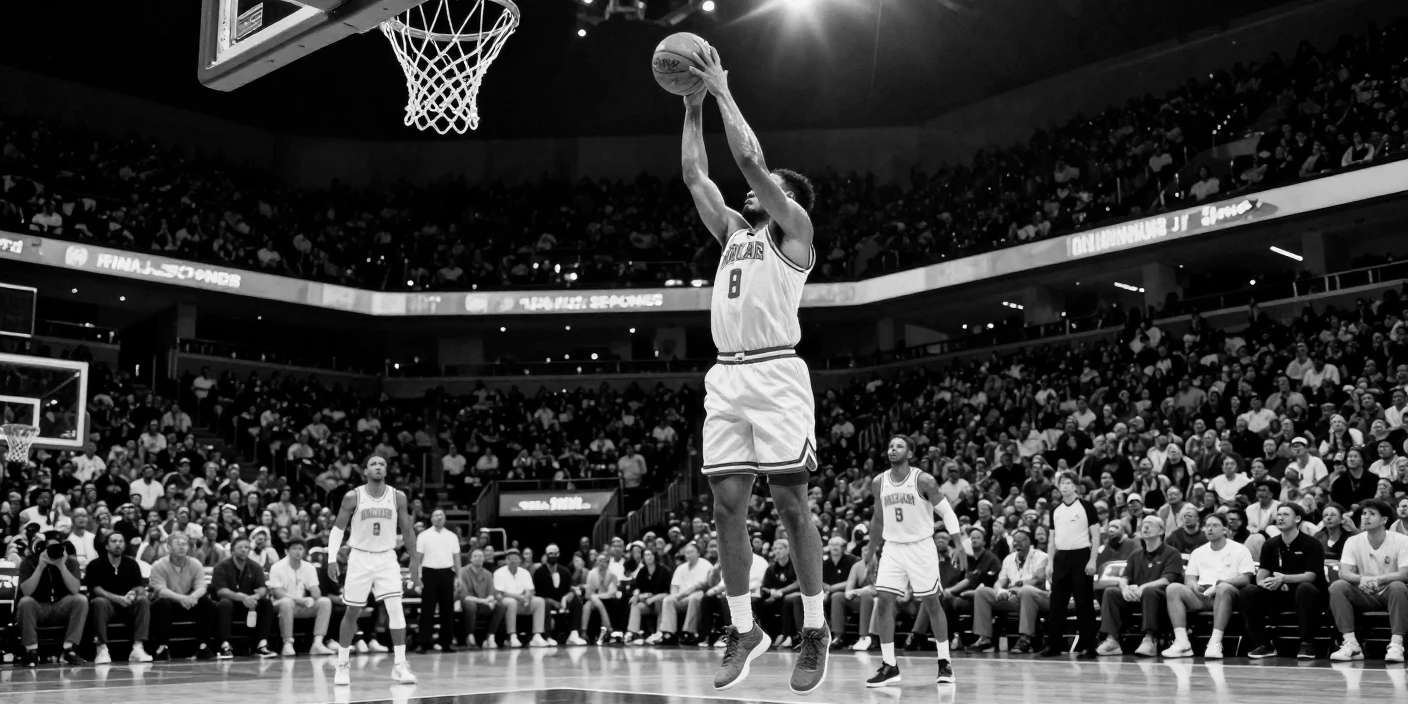 A basketball player leaps to sink a game-winning shot in a packed stadium.