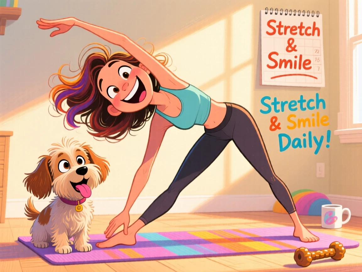 A woman doing morning stretches with her dog copying her poses nearby.