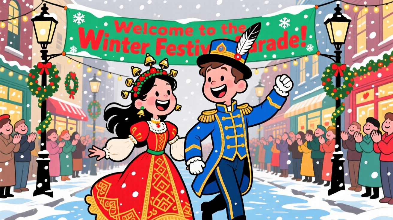 A festive celebration scene of a young couple parading through the streets in festive costumes, as snow gently falls around them.