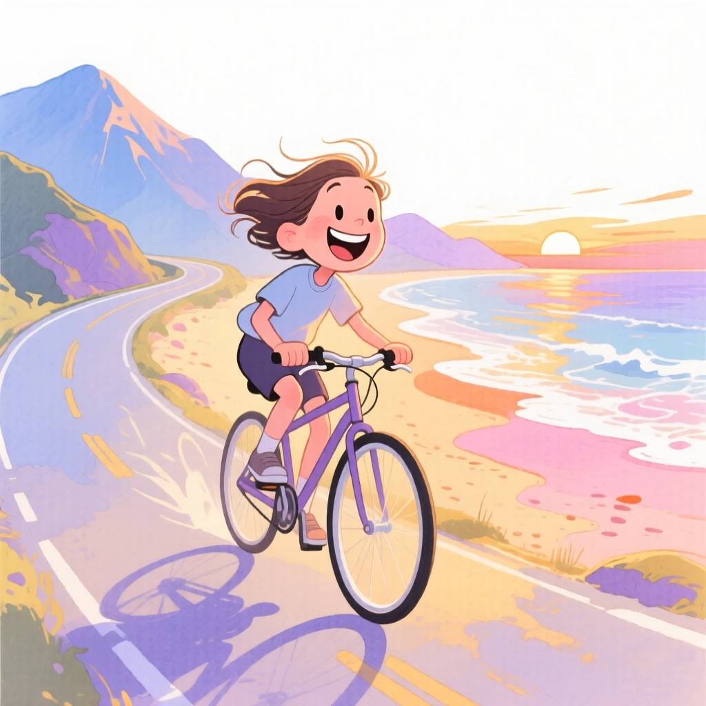 A cyclist on a mountain road galloping along a golden beach at sunset