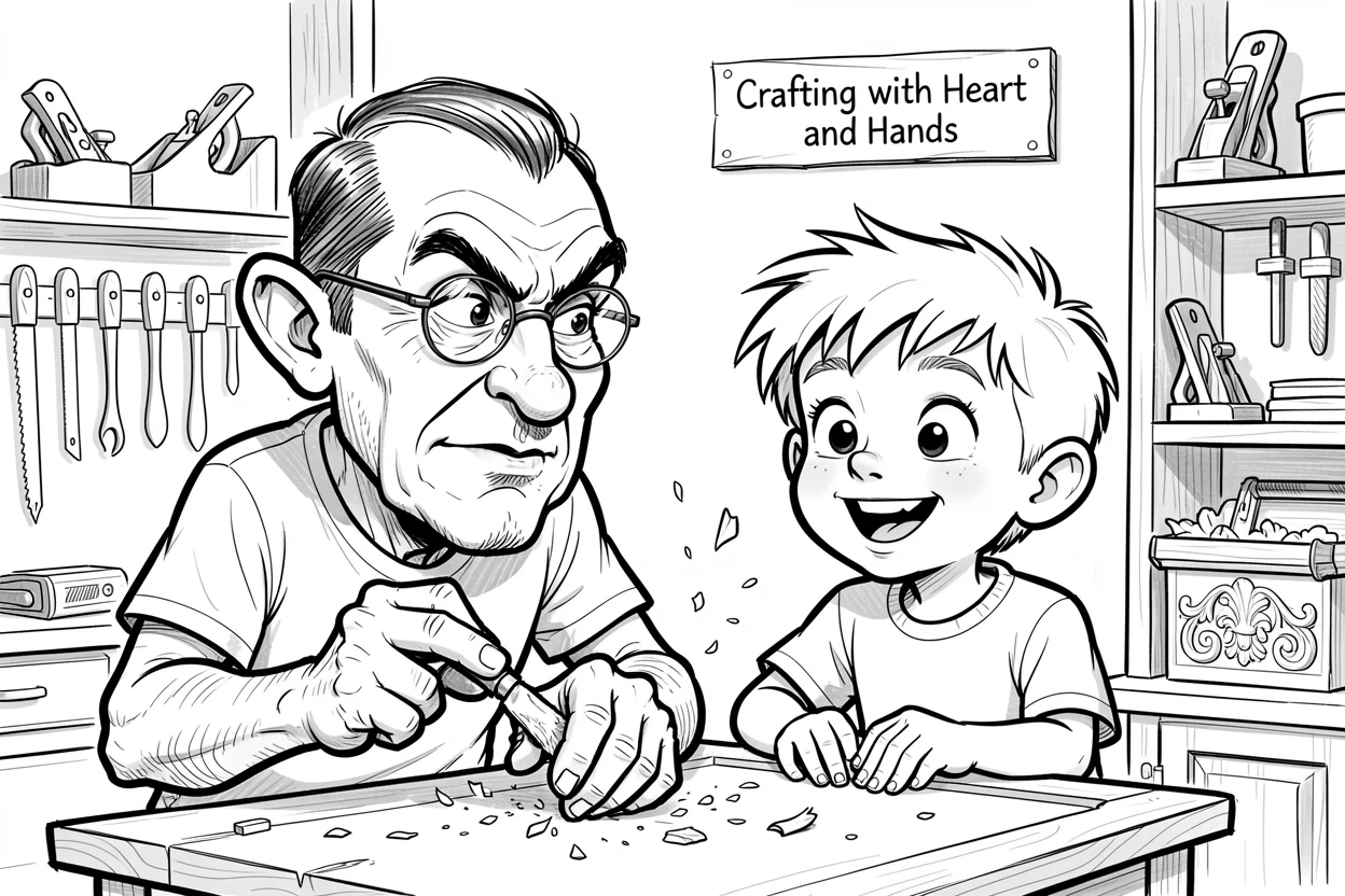 [Occupations & Hobbies] Detailed scene of a passionate cabinetmaker teaching an eager apprentice, showcasing skill and dedication