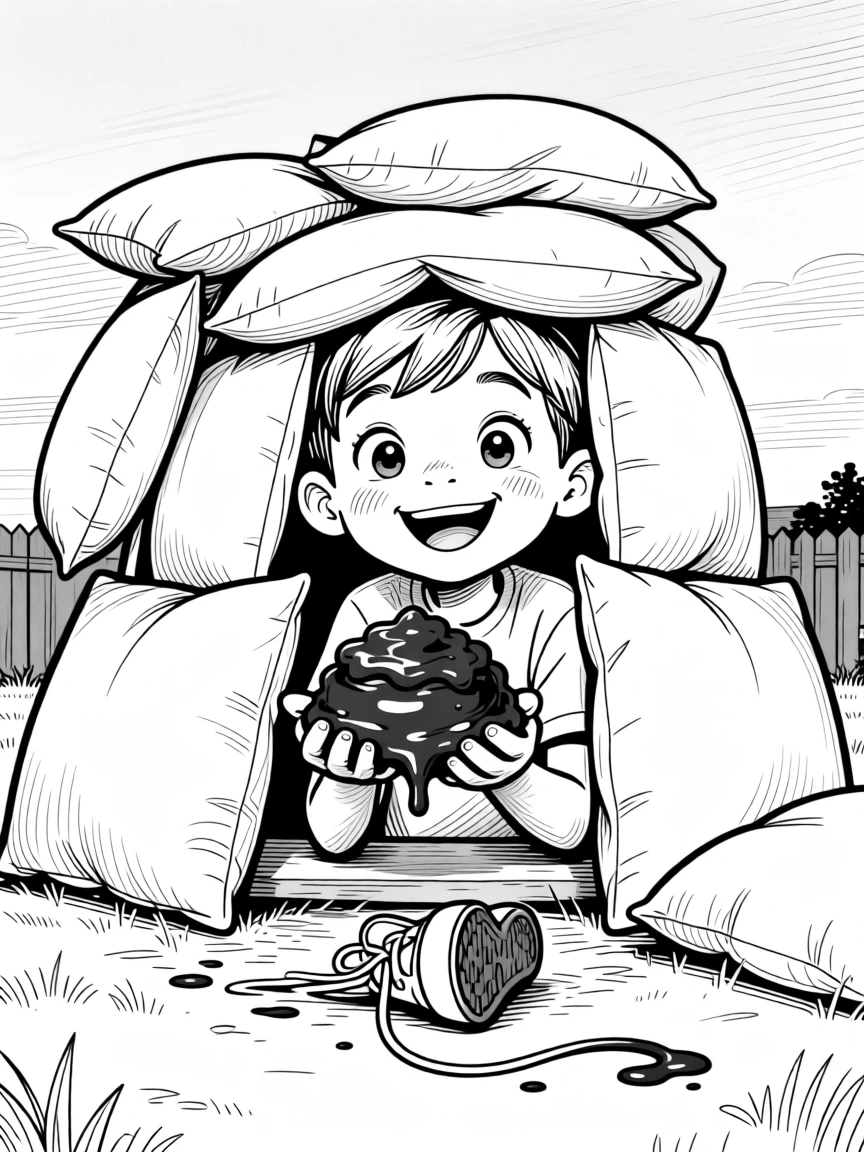 A kid proudly displaying a mud pie masterpiece, peeking out through a gap in the pillow walls, set in a backyard at dusk. A shoelace trails untied and forgotten. The scene captures the wild imagination only kids have.