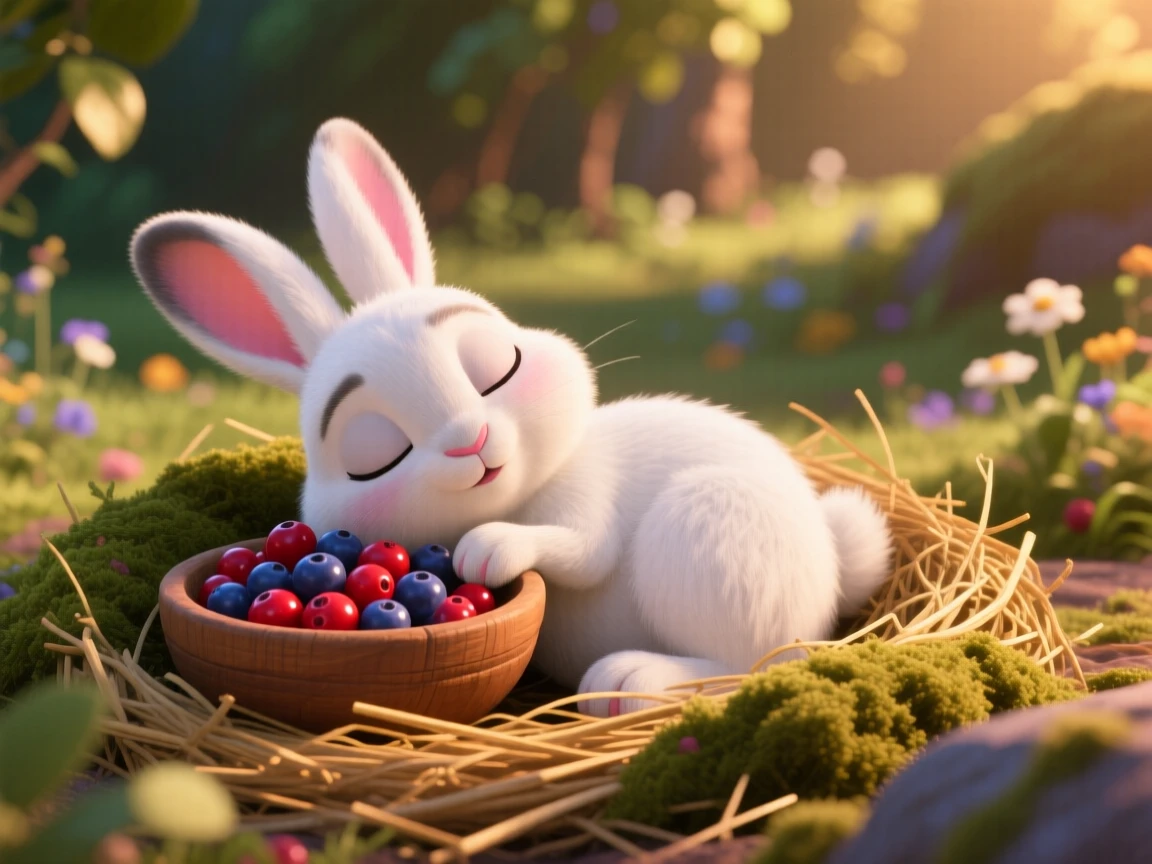 A snow-white bunny is resting beside a bowl of berries, burrowing into a cozy nest. A gentle, sleepy calm fills the moment, with warm colors filling the background.