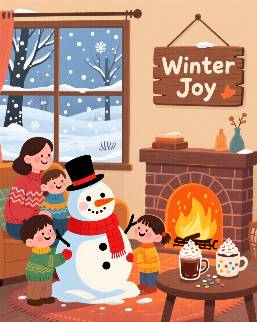 In a cozy living room by the fire, a family gathered together celebrate together by building a snowman complete with a carrot nose, as snowflakes drift softly down.