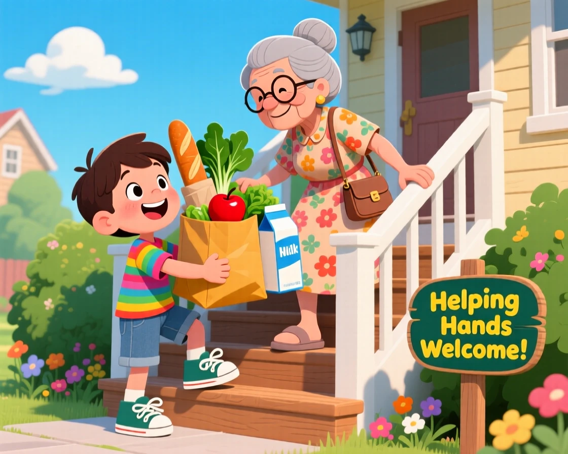 A child helping an elderly neighbor carry groceries up the stairs.
