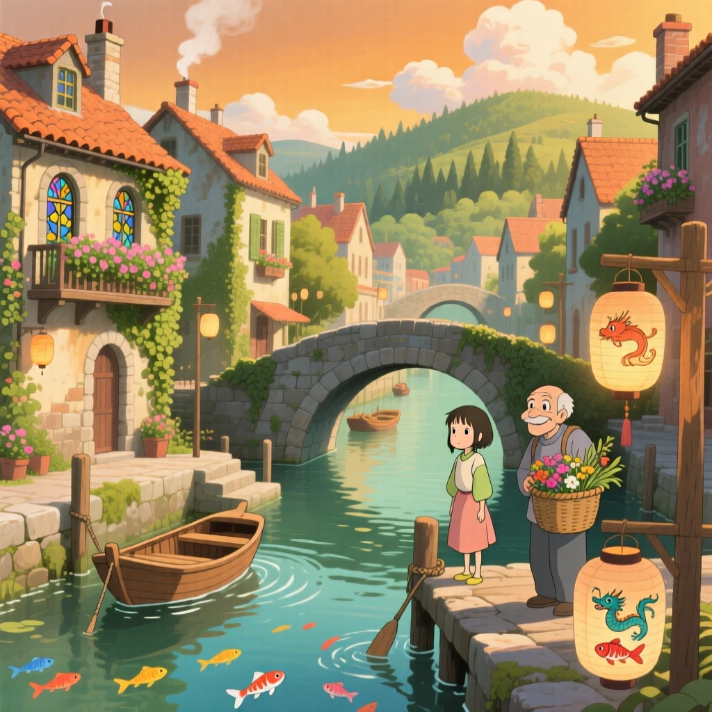 A scenic view of a canal city crossed by countless small stone bridges, with terracotta rooftops catching the afternoon light.