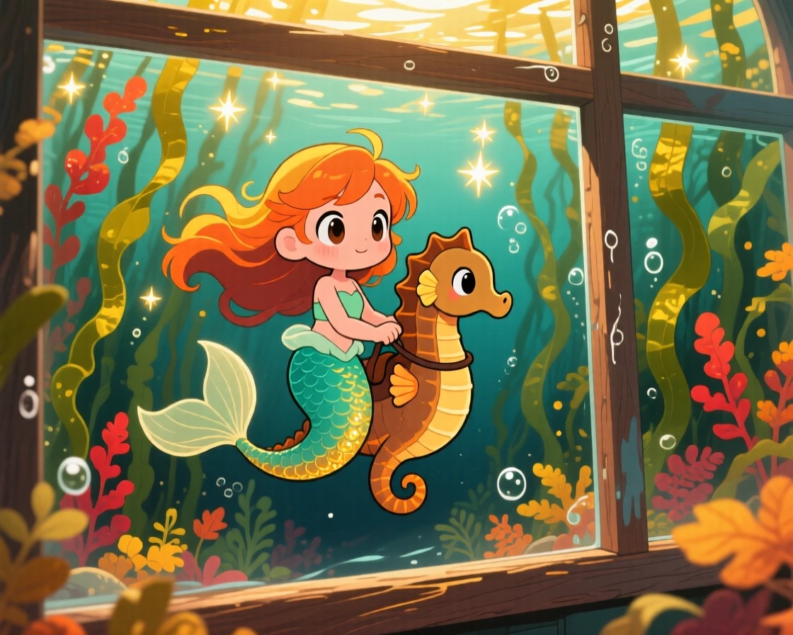 A young mermaid riding a seahorse through swaying kelp, framed as a framed through a window within an underwater kelp forest, during golden autumn harvest season, glowing under sparkling starlight, evoking proud determination.