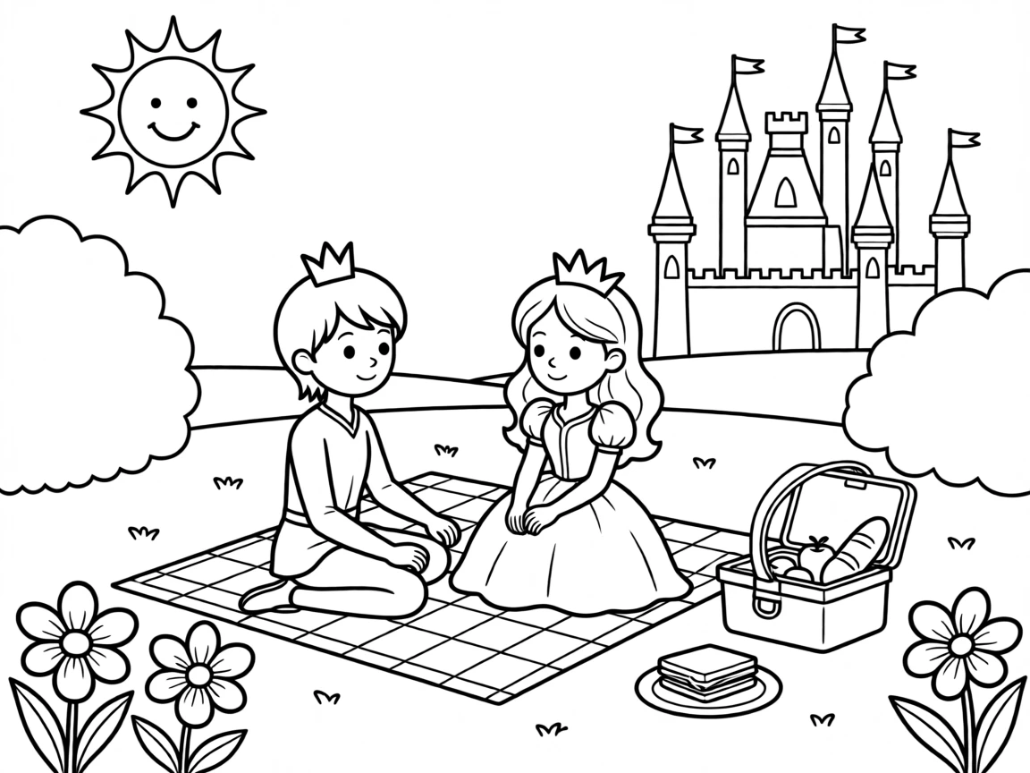 A prince and princess having a picnic in a royal garden