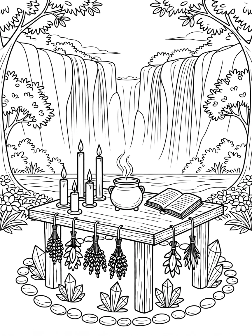 A witch's altar with candles, herbs, and a small cauldron, with waterfalls cascading down distant cliffs.