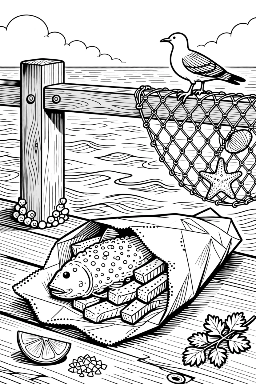 A cozy fish and chips scene wrapped in paper by a seaside pier.
