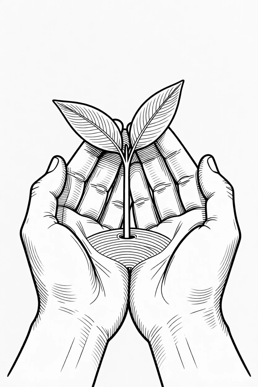 A pair of hands cupped together holding a small seedling